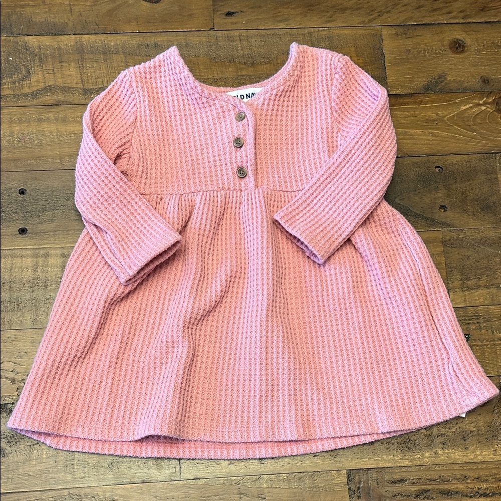 Old Navy Pink Waffle Knit Long-Sleeve Dress with Button Placket
